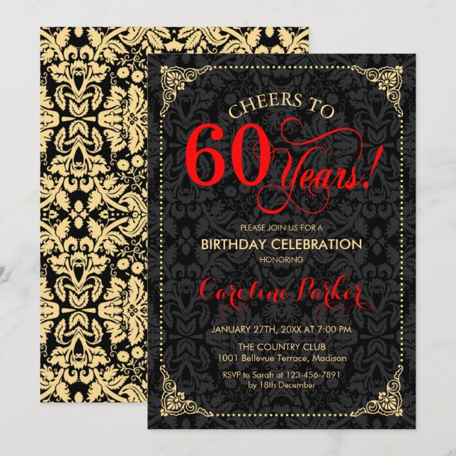 60th Birthday - Red Gold Black Damask Invitation (Front/Back)