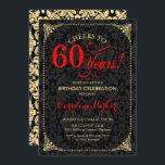 60th Birthday - Red Gold Black Damask Invitation<br><div class="desc">60th Birthday Invitation.
Elegant vintage red,  black and faux gold design with damask pattern. Features script font. Cheers to 60 years! Can be personalized into any age! Message me if you need further customization.</div>