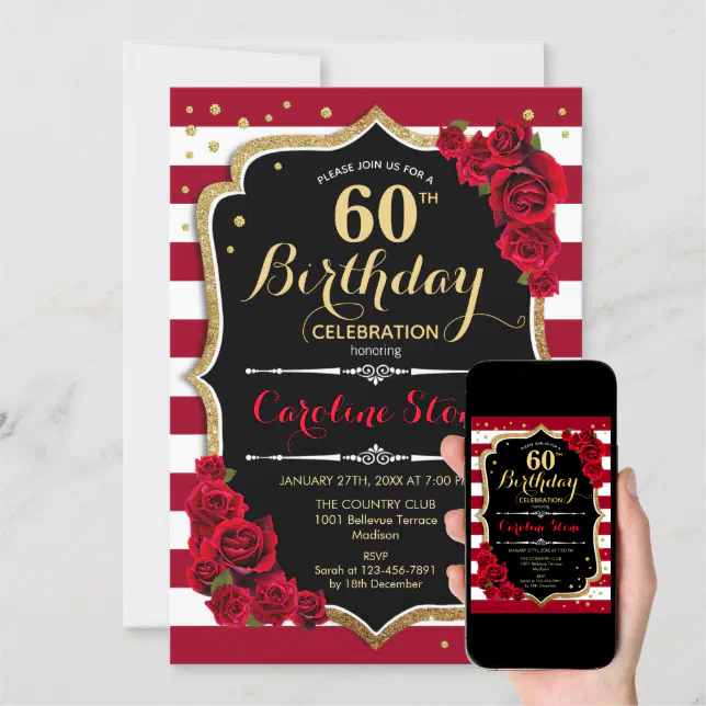 60th Birthday - Red Gold Black White Stripes Roses Invitation | Zazzle