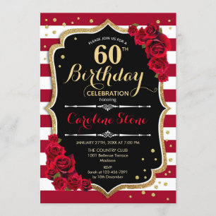 60th Birthday - Red Gold Black White Stripes Roses Invitation