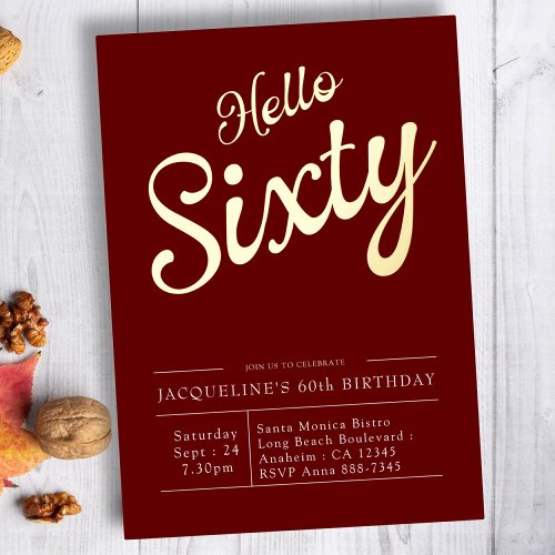 60th Birthday Red Gold Foil Hello 60  Foil Invitation