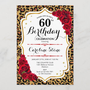 60th Birthday - Red Gold Leopard Print Invitation