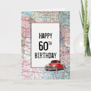 60th Birthday Red Retro Truck on Map Card