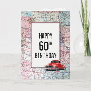60th Birthday Red Retro Truck on Map Card