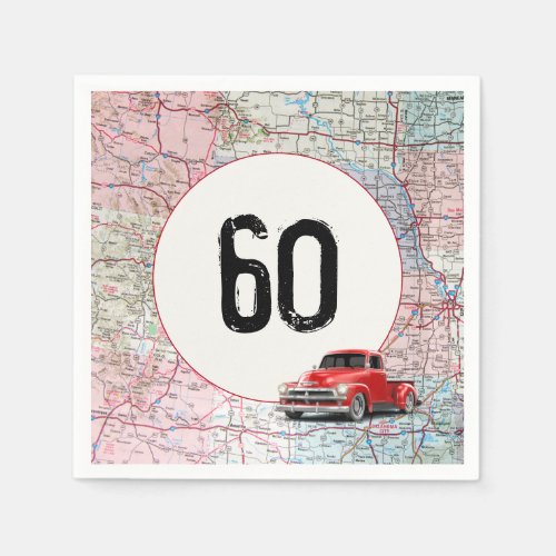 60th Birthday Red Retro Truck on Road Map   Napkins