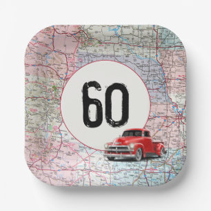 60th Birthday Red Retro Truck on Road Map Paper Plates