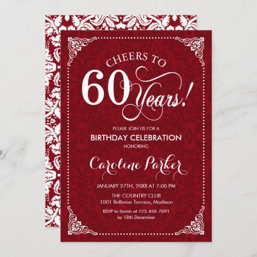 60th Birthday _ Red White Damask Invitation