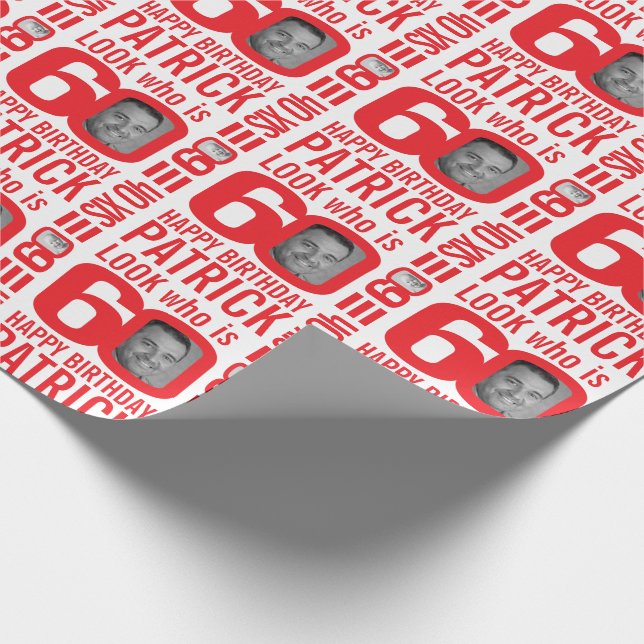 60th birthday red white look 60 custom photo name wrapping paper (Corner)