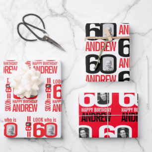 60th birthday red white look 60 custom photo name wrapping paper sheets