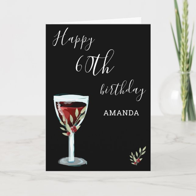 60th Birthday Red Wine Glass Rose Watercolor  Card (Front)