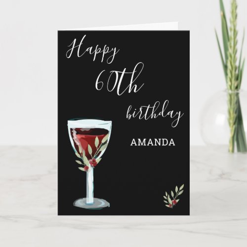 60th Birthday Red Wine Glass Rose Watercolor  Card