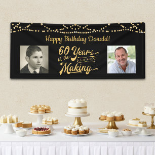 60th Birthday Retro Black Gold String Lights Photo Banner