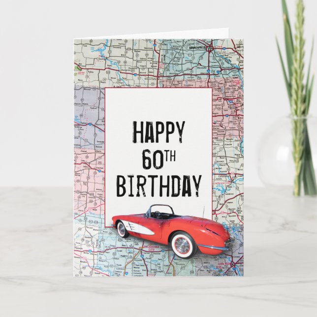 60th Birthday Retro Corvette on Map    Card (Front)