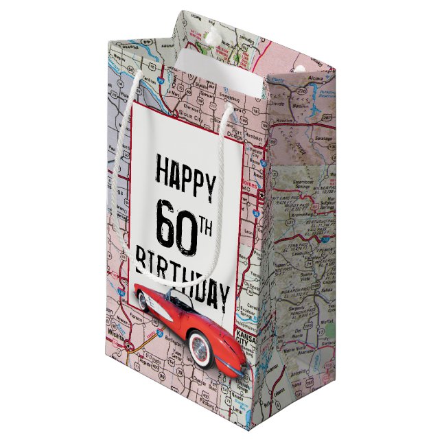 60th Birthday Retro Corvette On Map Small Gift Bag (Front Angled)