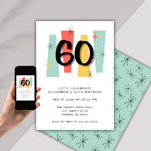 60th Birthday Retro Midcentury Modern Colorful Invitation