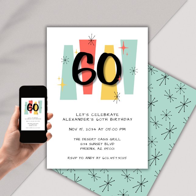 60th Birthday Retro Midcentury Modern Colorful Invitation (Creator Uploaded)