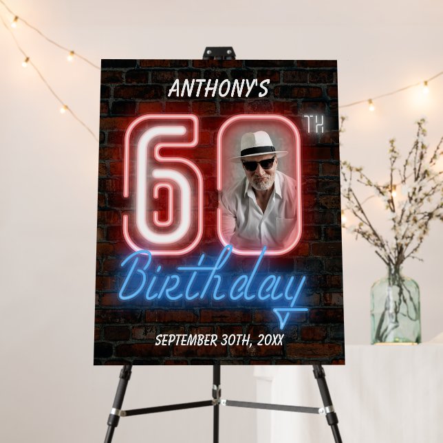 60th Birthday Retro Neon Custom Photo Welcome Sign (In Situ (Stand))