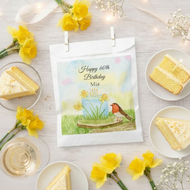 60th Birthday Robin with Daffodil Cake Favor Bag (Creator Uploaded)