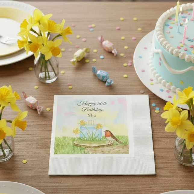 60th Birthday Robin with Daffodil Cake Napkins (Creator Uploaded)
