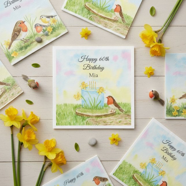 60th Birthday Robin with Daffodil Cake Napkins (Creator Uploaded)