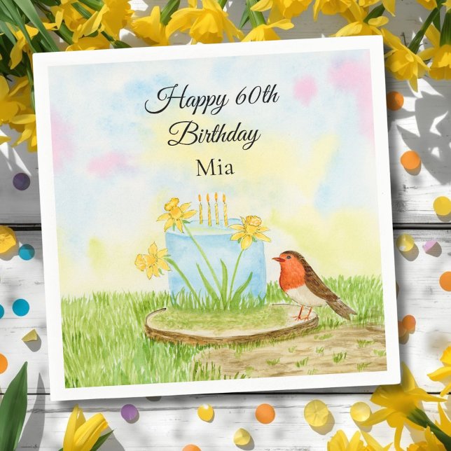 60th Birthday Robin with Daffodil Cake Napkins (Creator Uploaded)
