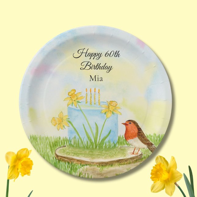 60th Birthday Robin with Daffodil Cake Paper Plates (Creator Uploaded)