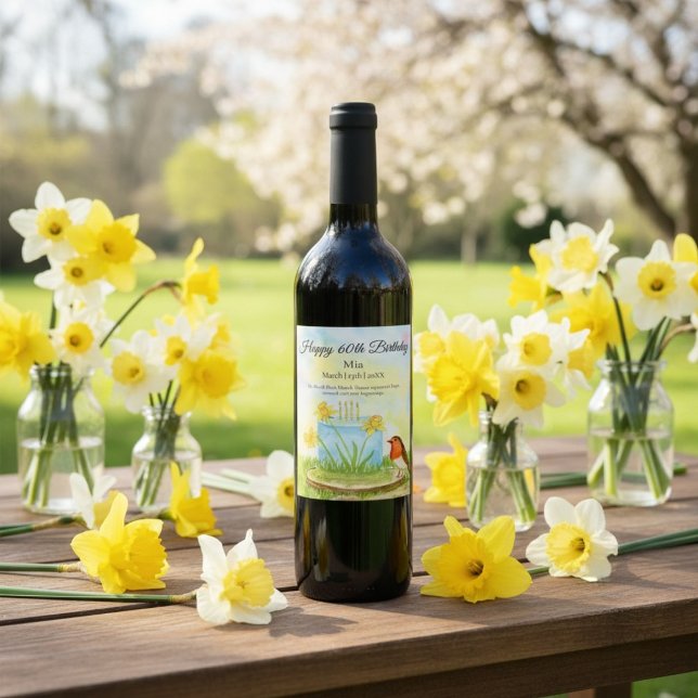 60th Birthday Robin with Daffodil Cake Wine Label (Creator Uploaded)