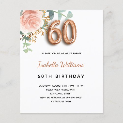 60th birthday rose eucalyptus budget invitation flyer