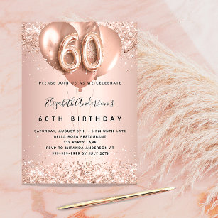 60th birthday rose gold balloons glamorous invitation