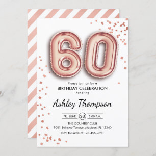 60th Birthday - Rose Gold Balloons Invitation