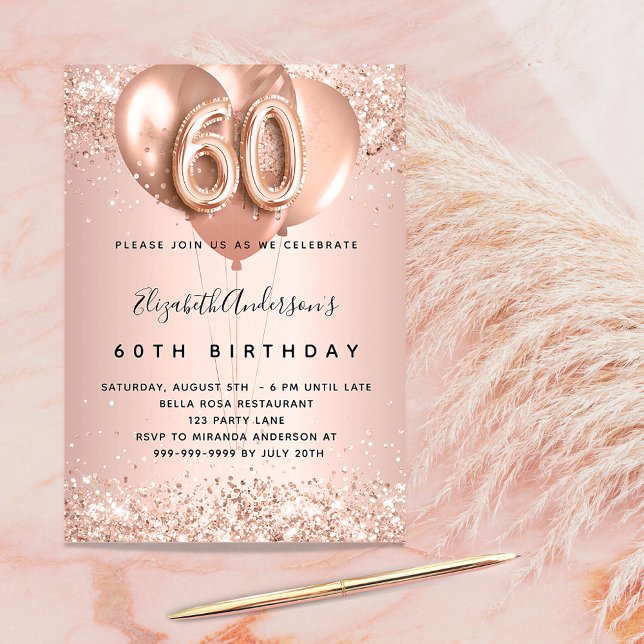 60th birthday rose gold balloons invitation (Creator Uploaded)