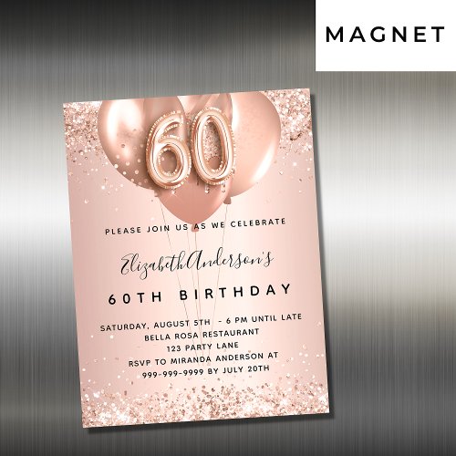 60th birthday rose gold balloons invitation magnet