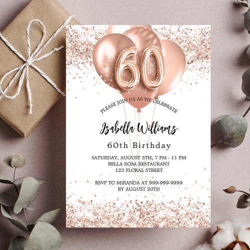 60th birthday rose gold balloons white luxury invitation