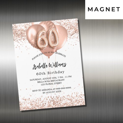 60th birthday rose gold balloons white luxury magnetic invitation