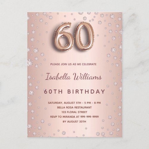 60th birthday rose gold blush diamonds postcard