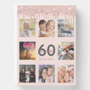 60th birthday rose gold blush drips photo wooden box sign