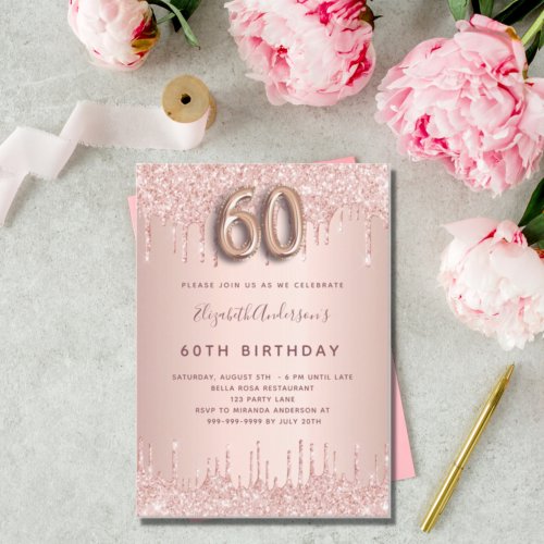 60th Birthday rose gold  blush glitter drips Invitation