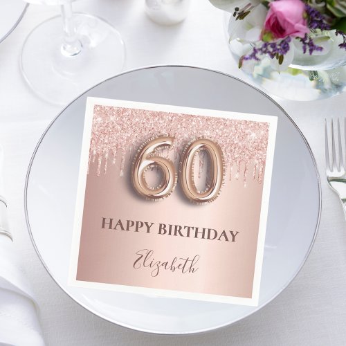 60th birthday rose gold blush glitter drips name napkins