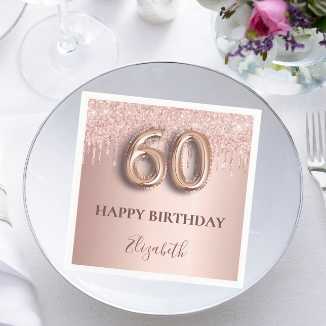 60th birthday rose gold blush glitter drips name napkins (Creator Uploaded)