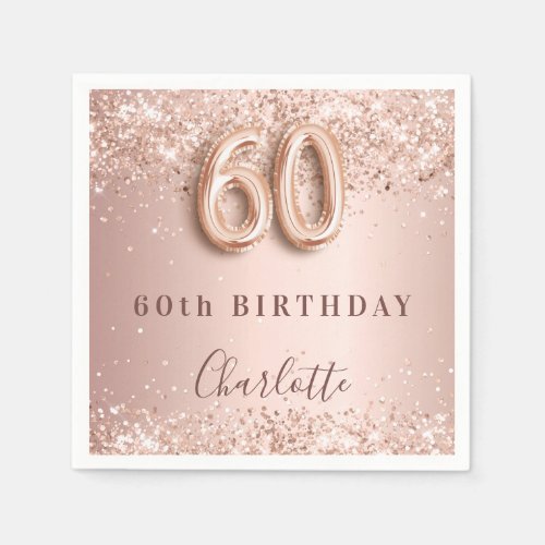 60th birthday rose gold blush glitter name napkins