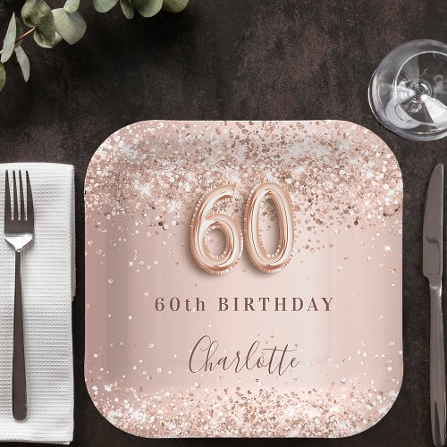60th birthday rose gold blush glitter name paper plates