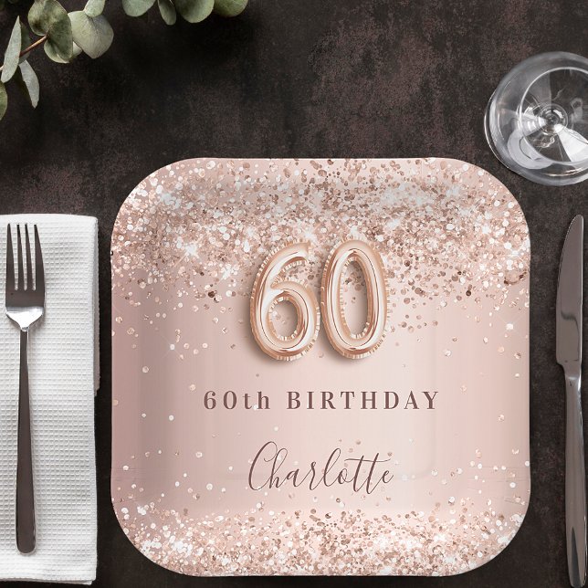 60th birthday rose gold blush glitter name paper plates (Creator Uploaded)