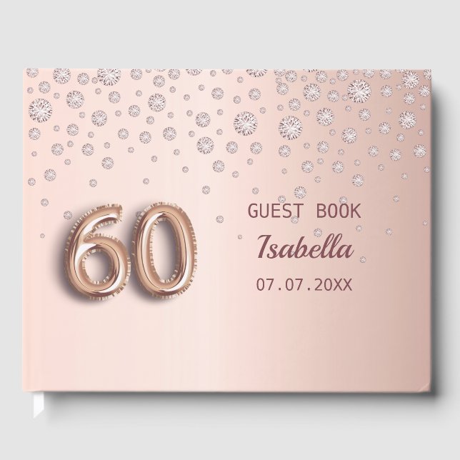 60th birthday rose gold blush name glamorous  guest book (Front)