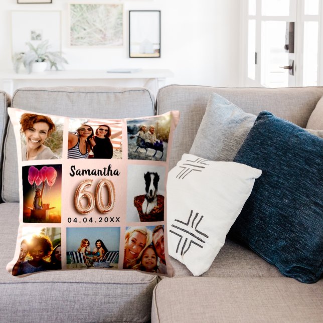 60th birthday rose gold blush pink photo collage throw pillow (Creator Uploaded)