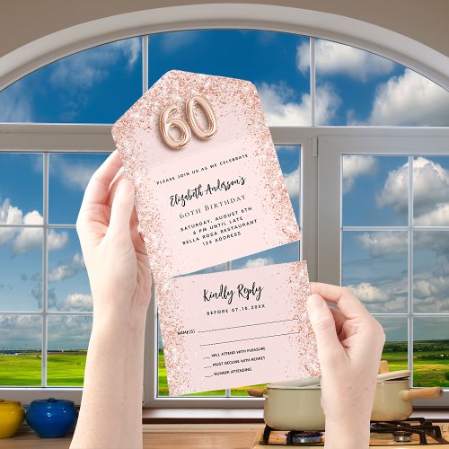 60th birthday rose gold blush sparkle party RSVP All In One Invitation