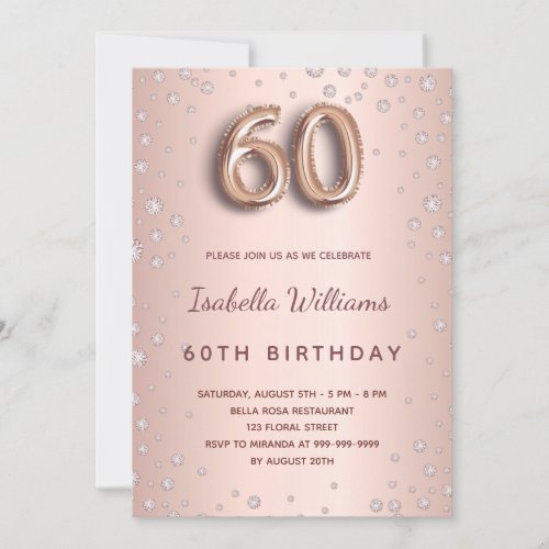 60th birthday rose gold diamonds invitation