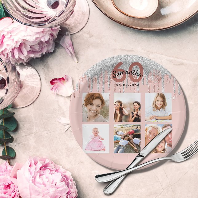 60th birthday rose gold glitter bkush silver photo paper plates (Creator Uploaded)