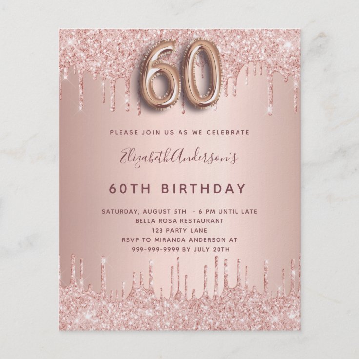 60th Birthday rose gold glitter budget invitation Flyer | Zazzle