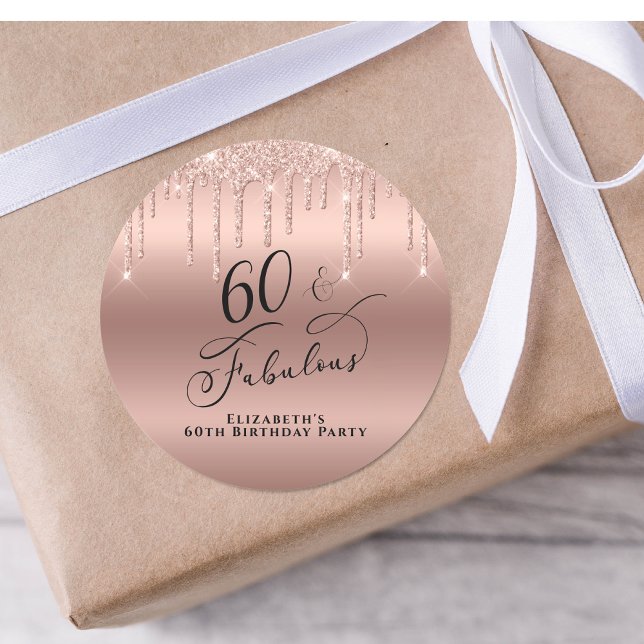 60th Birthday Rose Gold Glitter Classic Round Sticker (Creator Uploaded)