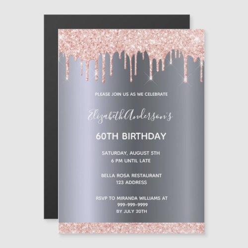 60th birthday rose gold glitter drip invitation